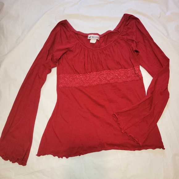 VTG 90s ❤️ Self Esteem ❤️ Red Peasant Blouse w/ Lace Empire Waist & Bell Sleeves - Picture 4 of 14
